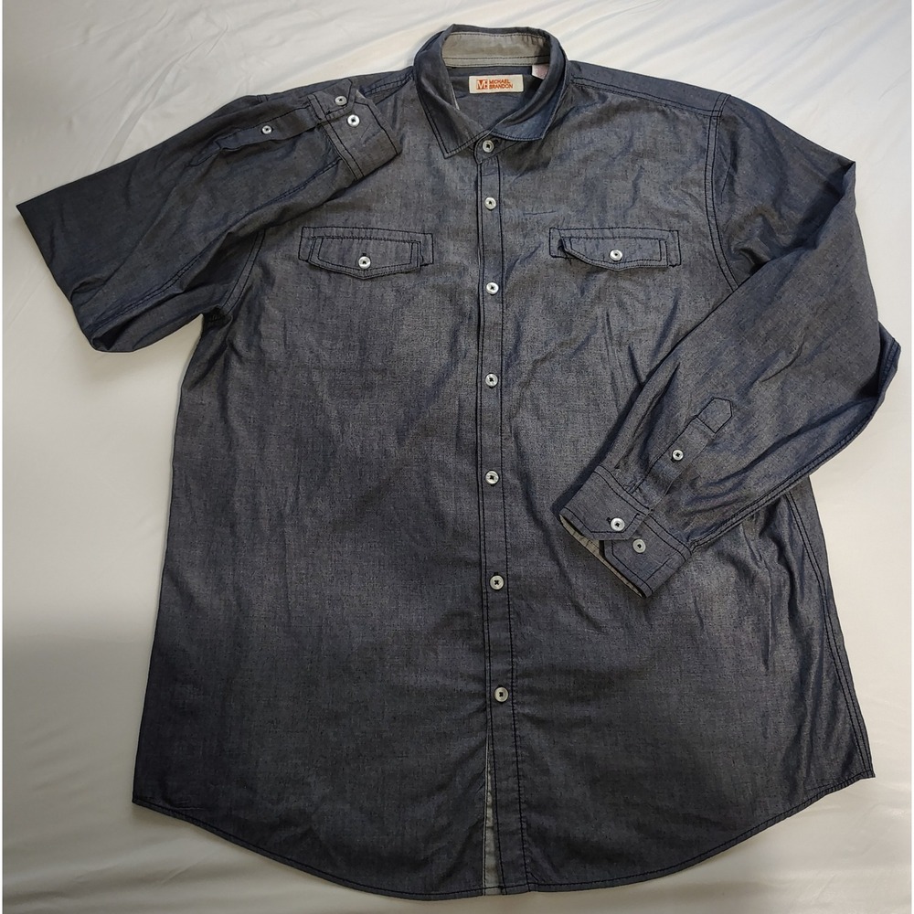 Michael Brandon Mens XL Dark Blue Chambray Long Sleeve Button Down Shirt Pocket